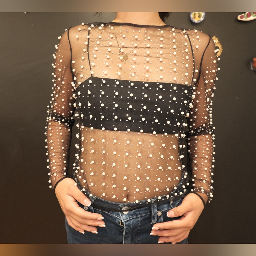 Sheer Black Pearl Embellished Top